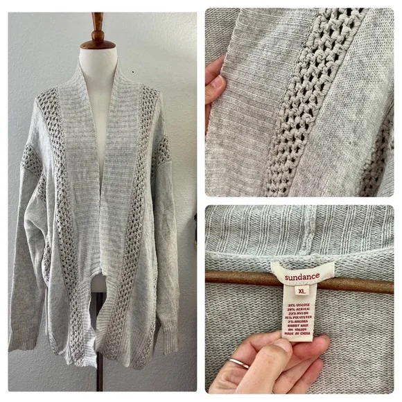 Sundance Light Grey Open Front Knit Cardigan Size XL - Picture 1 of 16
